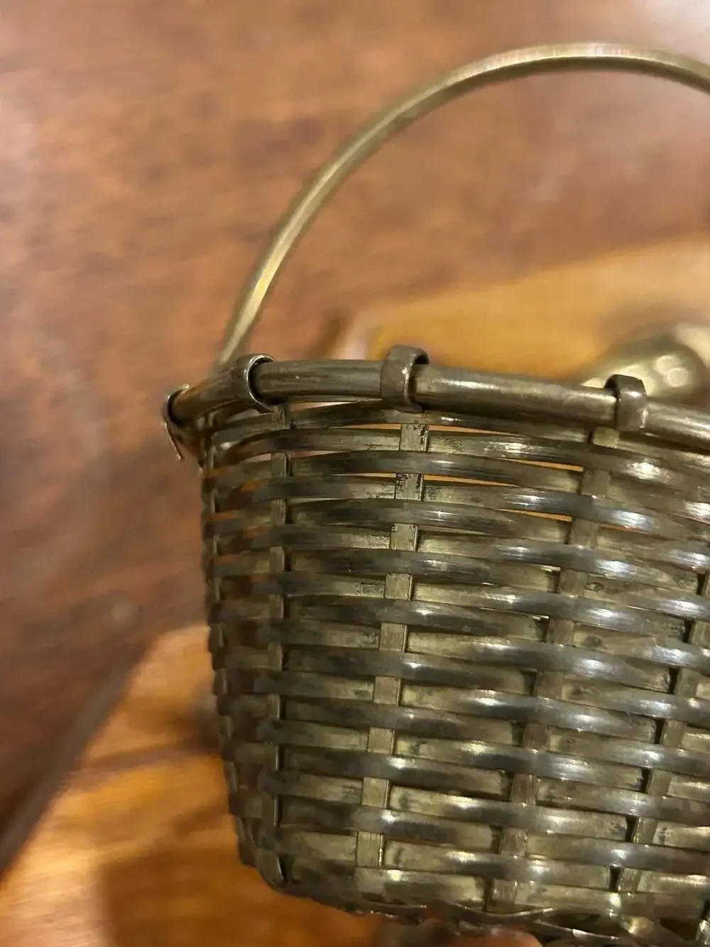 Vintage Small Woven Brass Basket with Movable Swivel Handle